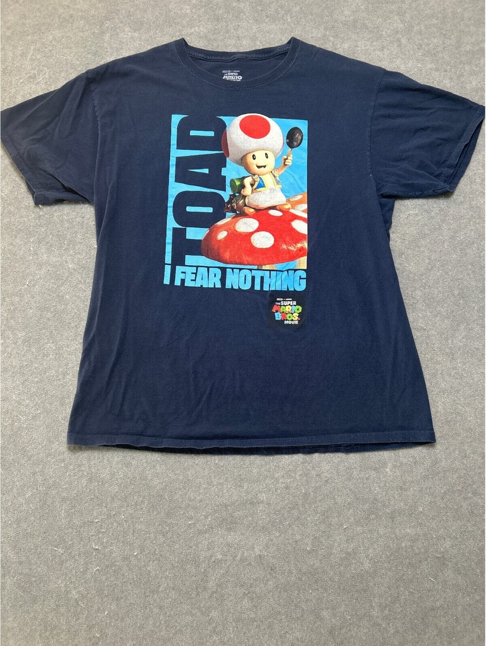 Super Mario Bros Movie Unisex Toad Fear Nothing Graphic T Shirt Large Blue